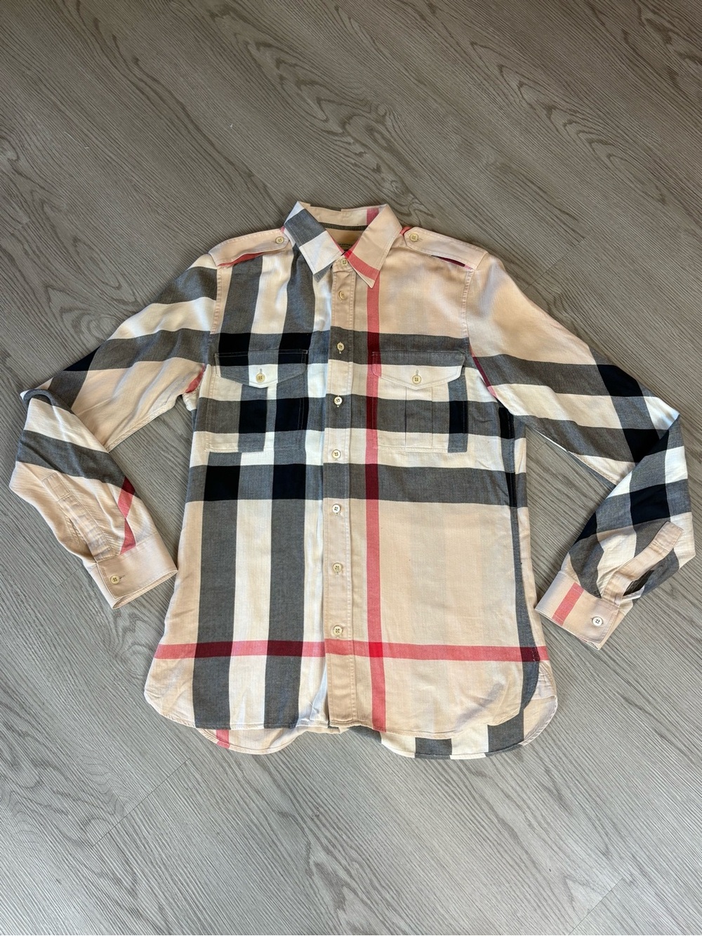 Burberry Beige Plaid Button-Down Shirt with Black & Red Stripes